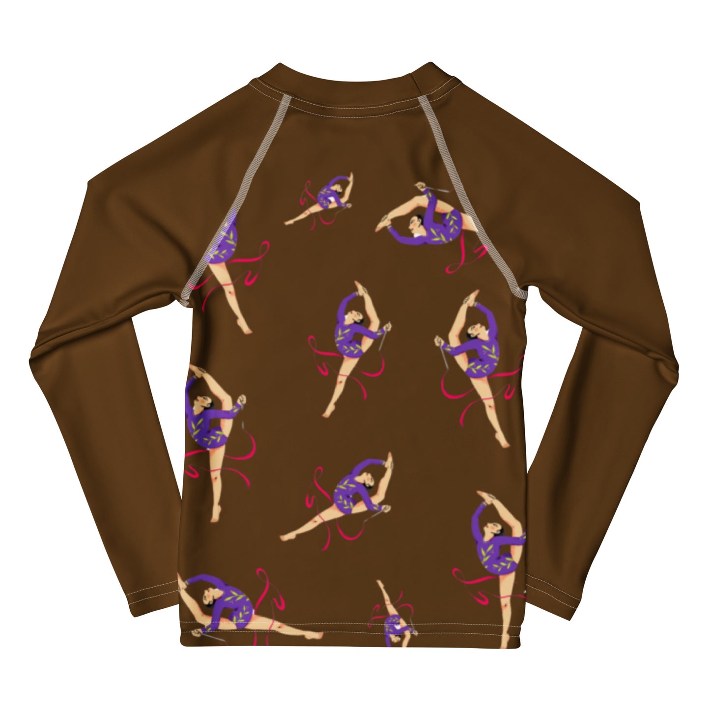 Rash guard pour petite fille – Marron – Compression légère, séchage rapide – Motif Gymnaste Danseuse