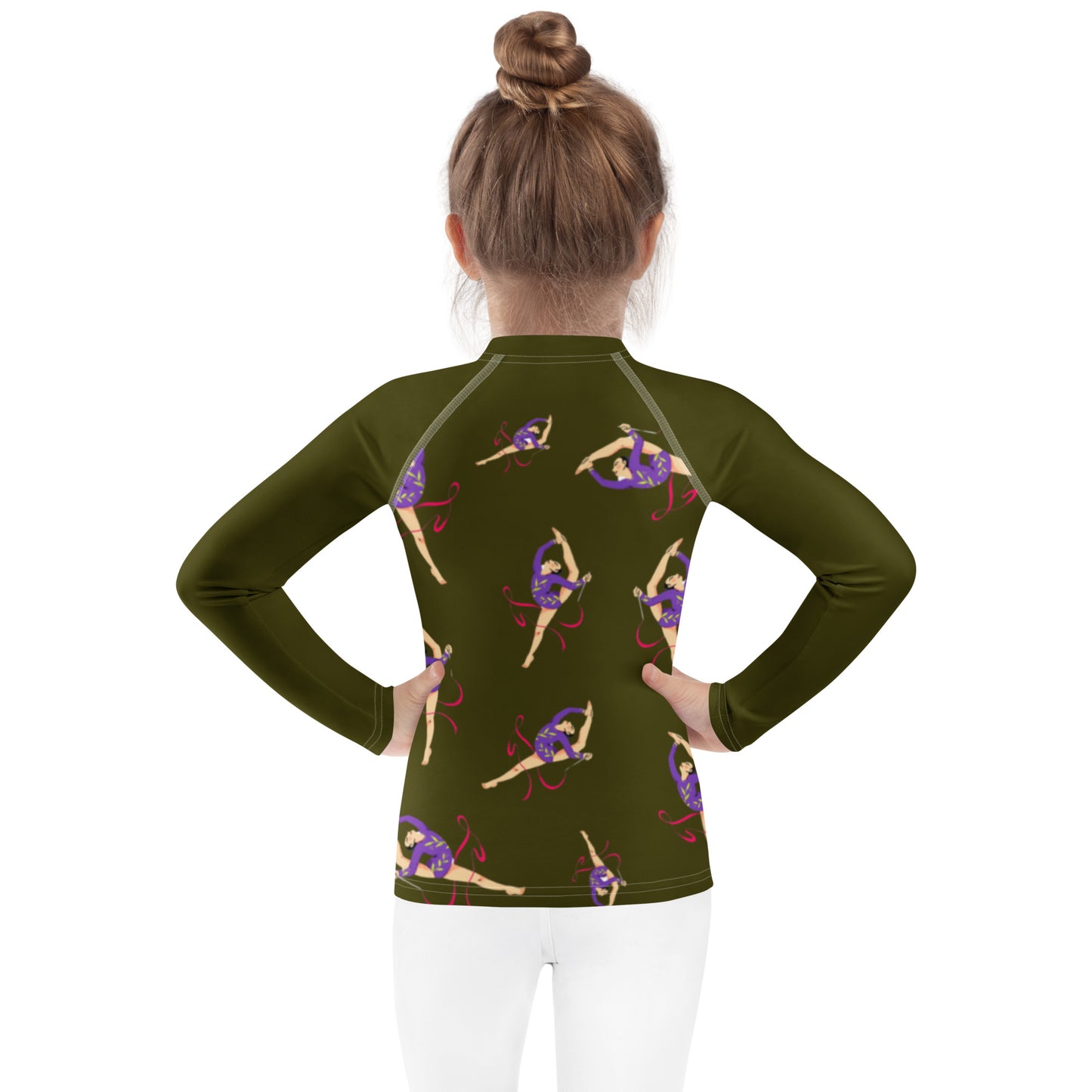 Rash guard pour petite fille – Vert Militaire – Compression légère, séchage rapide – Motif Gymnaste Danseuse
