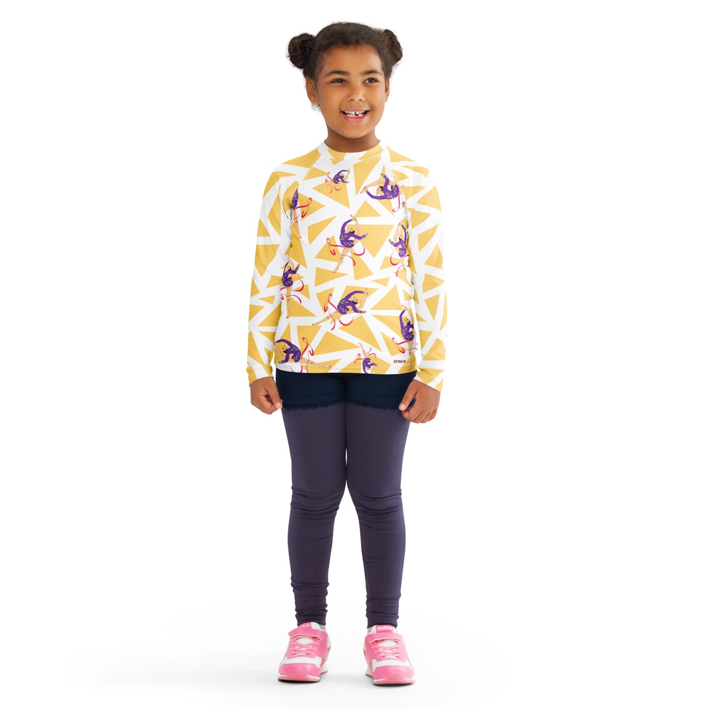 Rash guard pour petite fille – Blanc & Jaune – Compression légère, séchage rapide – Motif Gymnaste Danseuse