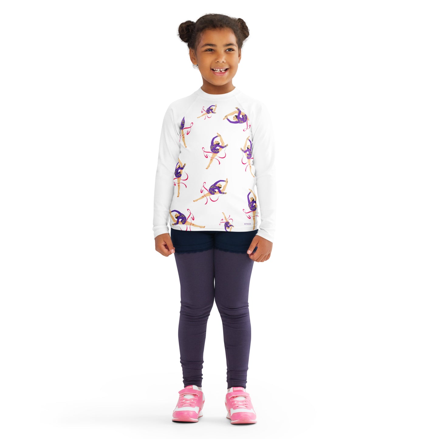 Rash guard pour petite fille – Blanc – Compression légère, séchage rapide – Motif Gymnaste Danseuse