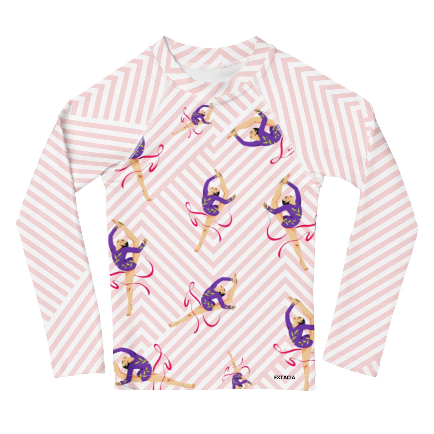 Rash guard pour petite fille – Blanc & Rose – Compression légère, séchage rapide – Motif Gymnaste Danseuse