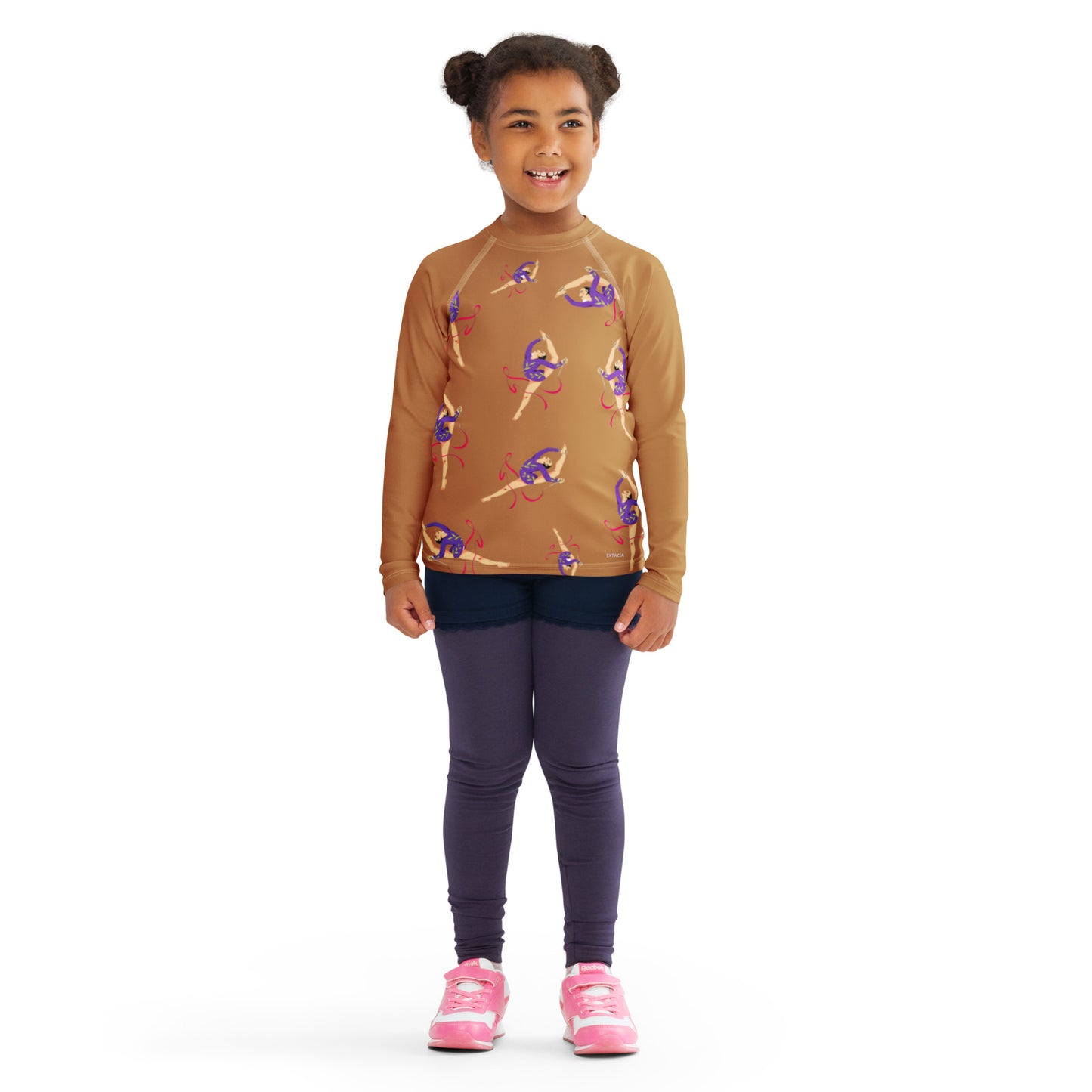 Rash guard pour petite fille – Camel – Compression légère, séchage rapide – Motif Gymnaste Danseuse