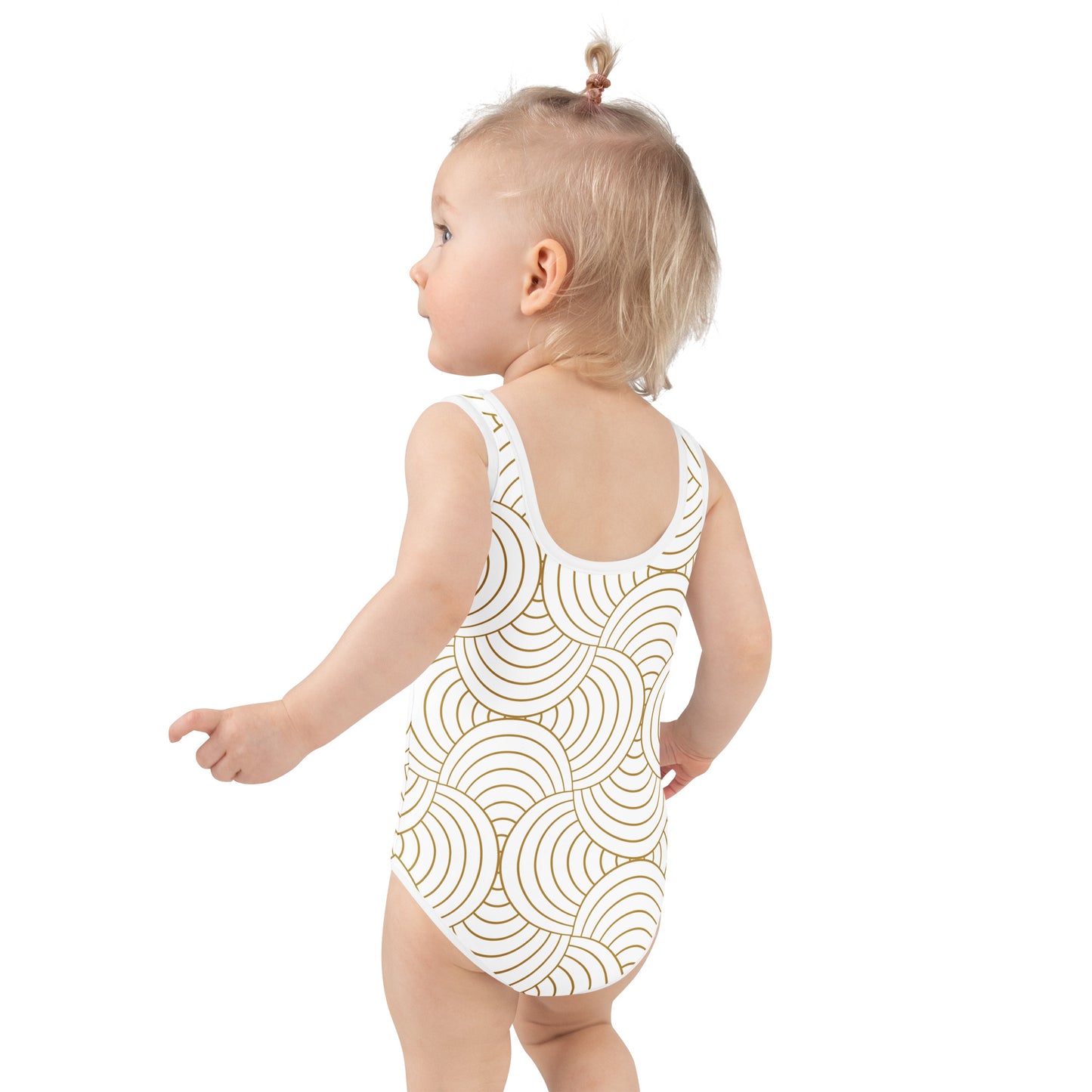 Maillot de bain 1 pièce pour petite fille – Blanc & Or – Confort, maintien & séchage rapide – Graphique