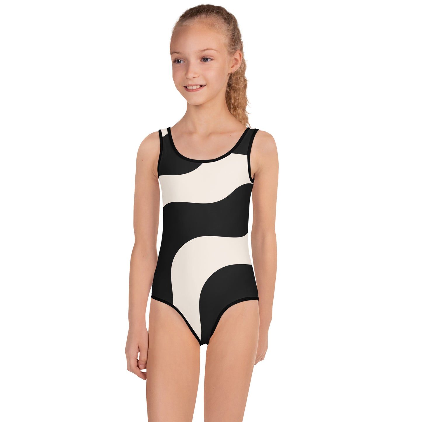 Maillot de bain 1 pièce pour petite fille – Beige & Noir – Confort, maintien & séchage rapide – Graphique