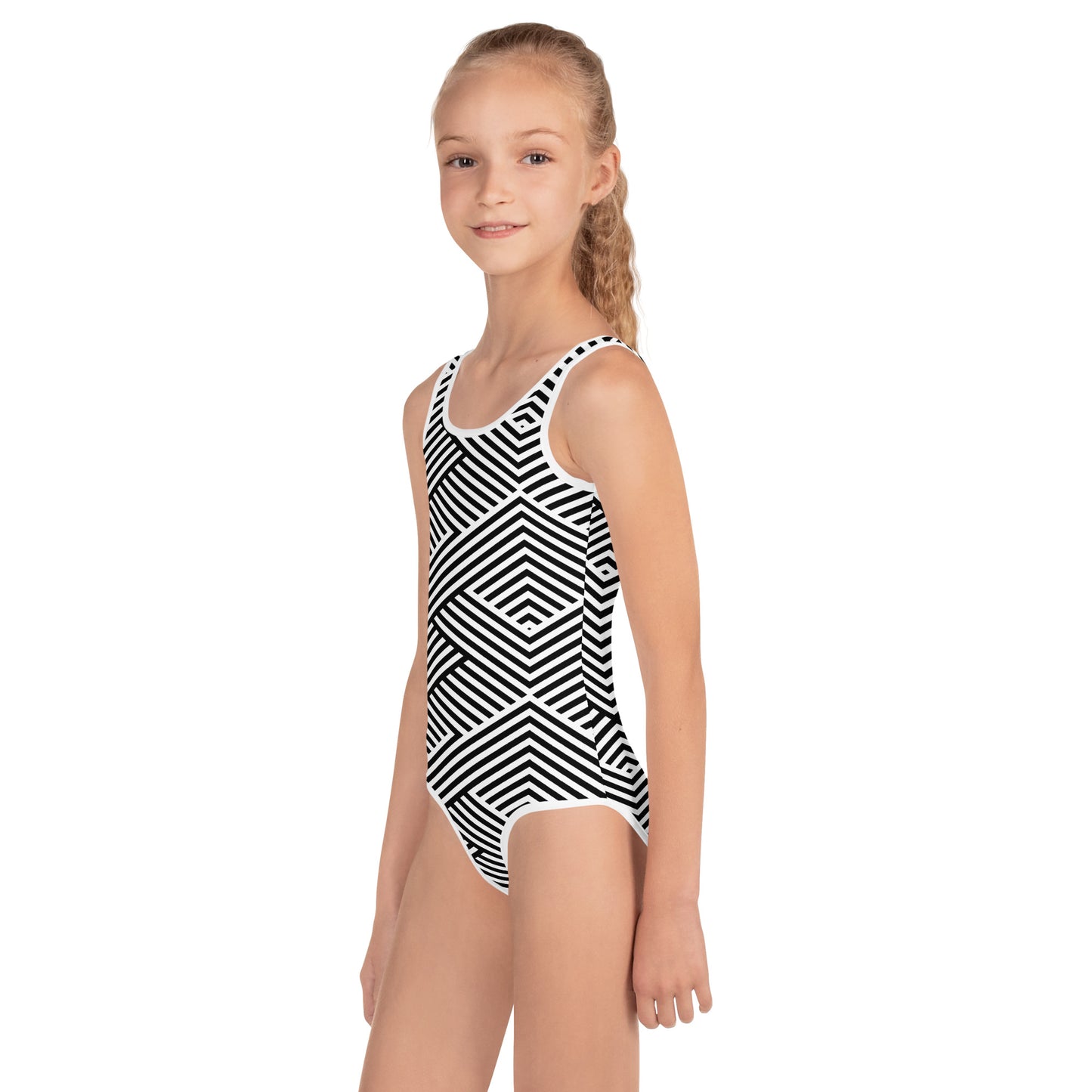 Maillot de bain 1 pièce pour petite fille – Blanc & Noir – Confort, maintien & séchage rapide – Graphique