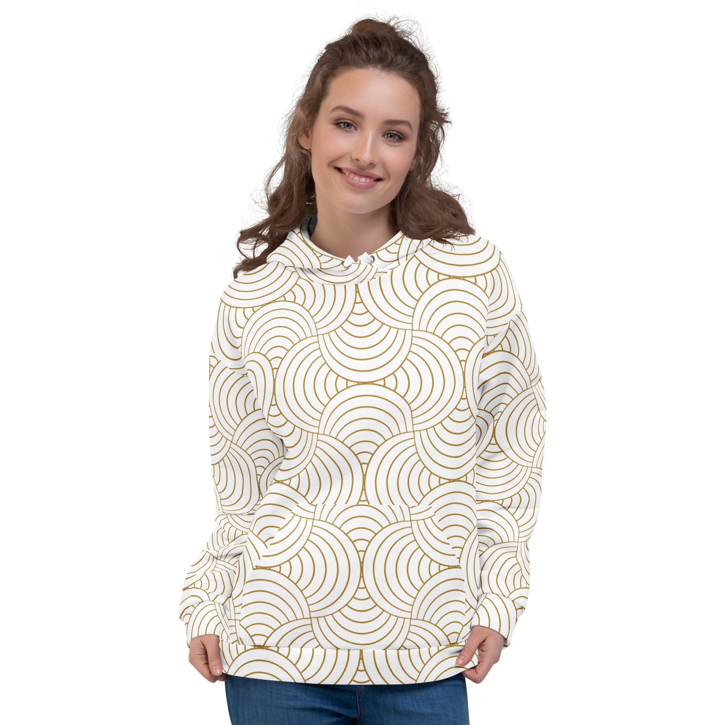 Sweat à capuche pour femme – Blanc & Or – Polyester recyclé, doux & durable – Graphique Minimaliste