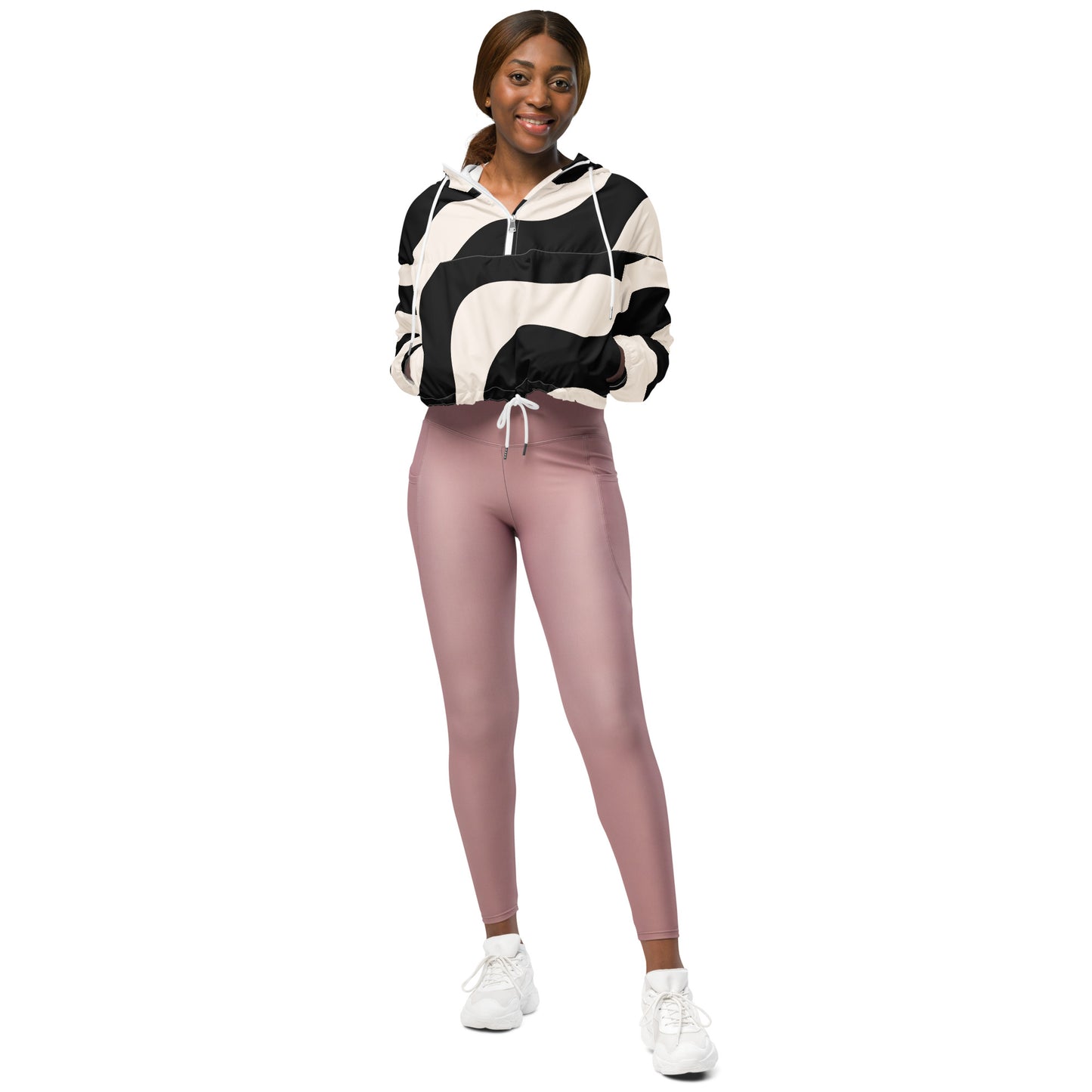 Veste coupe-vent pour femme courte - Noir et Beige – Crop top imperméable et respirant – Graphique