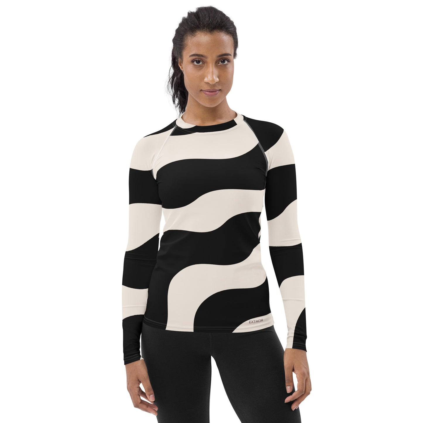 Rash guard pour femme – Beige & Noir – Anti-UV*, séchage rapide, respirant – Graphique Minimaliste