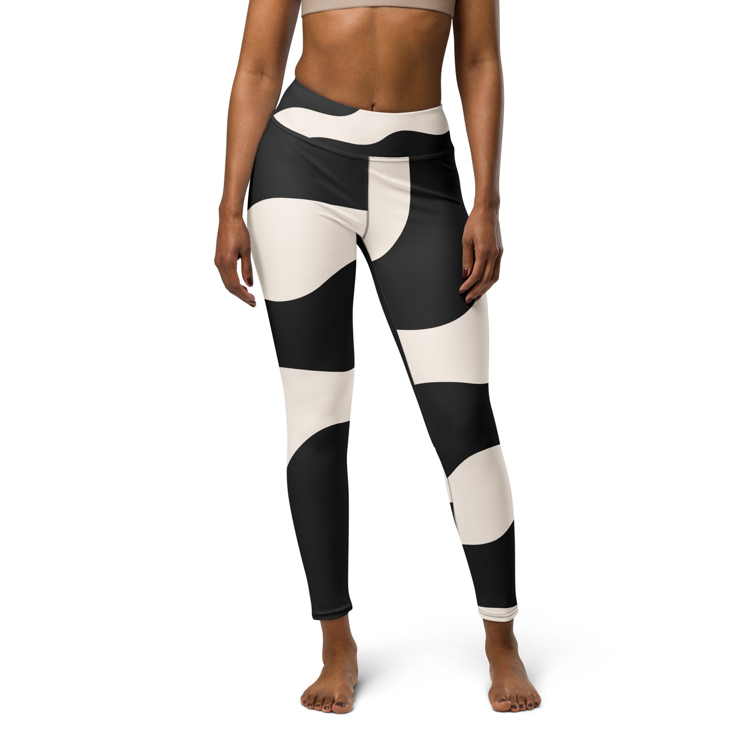 Legging de yoga pour femme – Beige & Noir – Stretch, taille haute, séchage rapide – Graphique Minimaliste