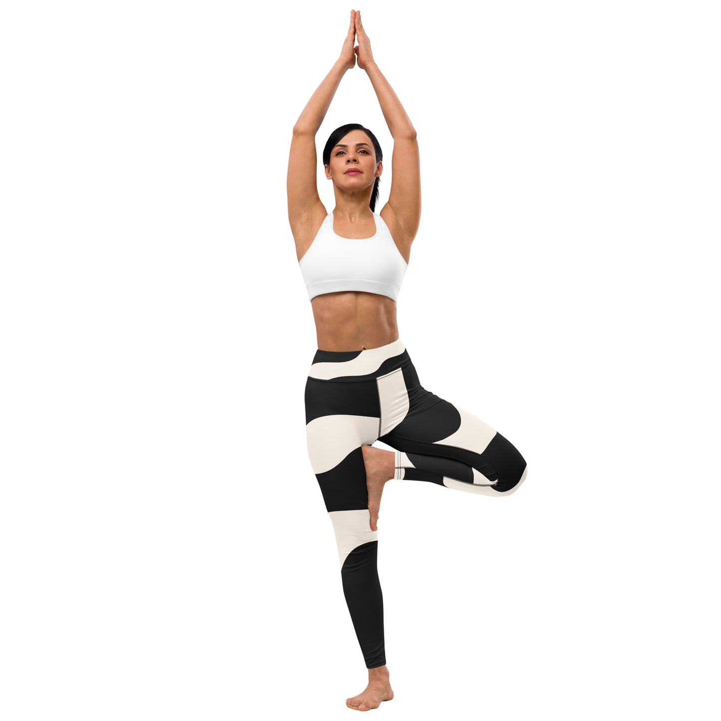 Legging de yoga pour femme – Beige & Noir – Stretch, taille haute, séchage rapide – Graphique Minimaliste