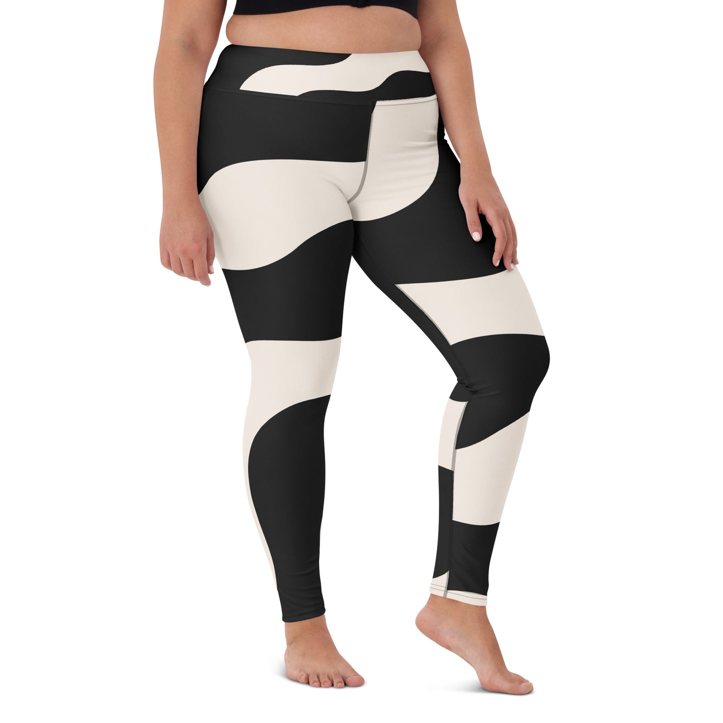 Legging de yoga pour femme – Beige & Noir – Stretch, taille haute, séchage rapide – Graphique Minimaliste