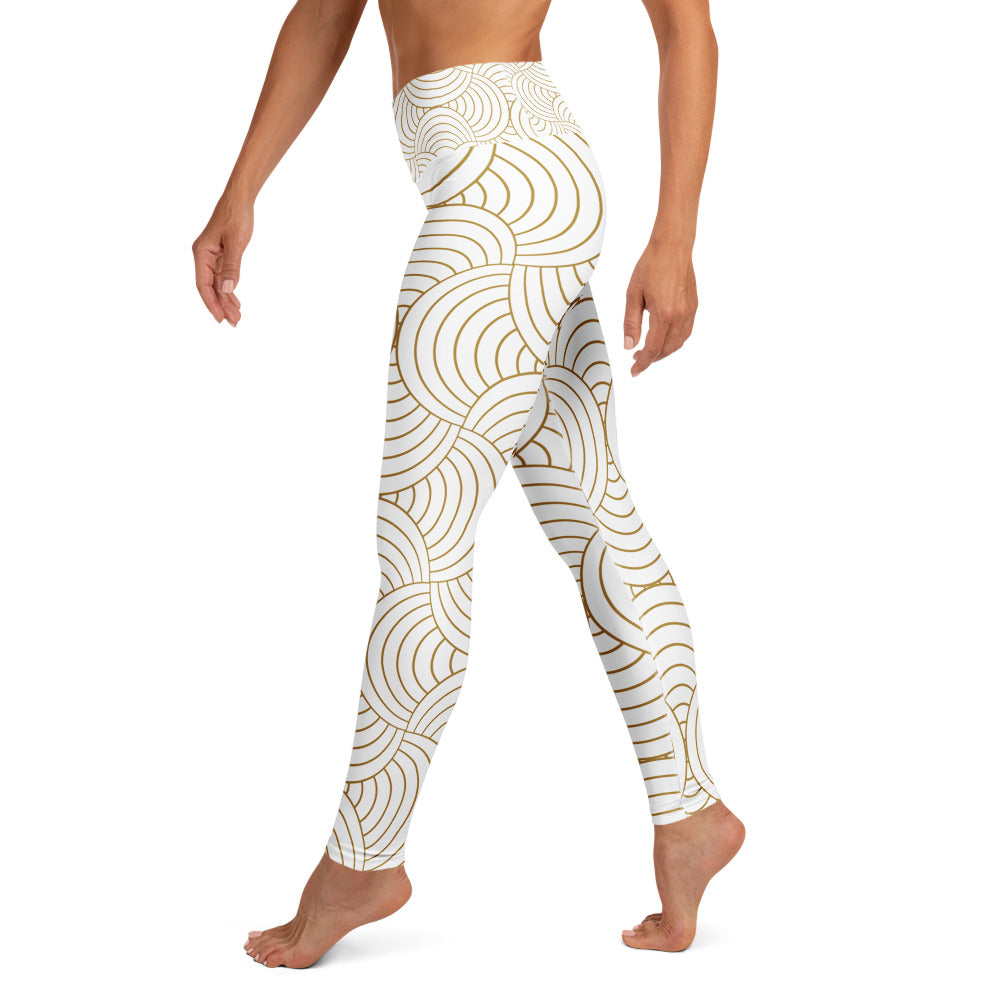 Legging de yoga pour femme – Blanc & Or – Stretch, taille haute, séchage rapide – Graphique Minimaliste