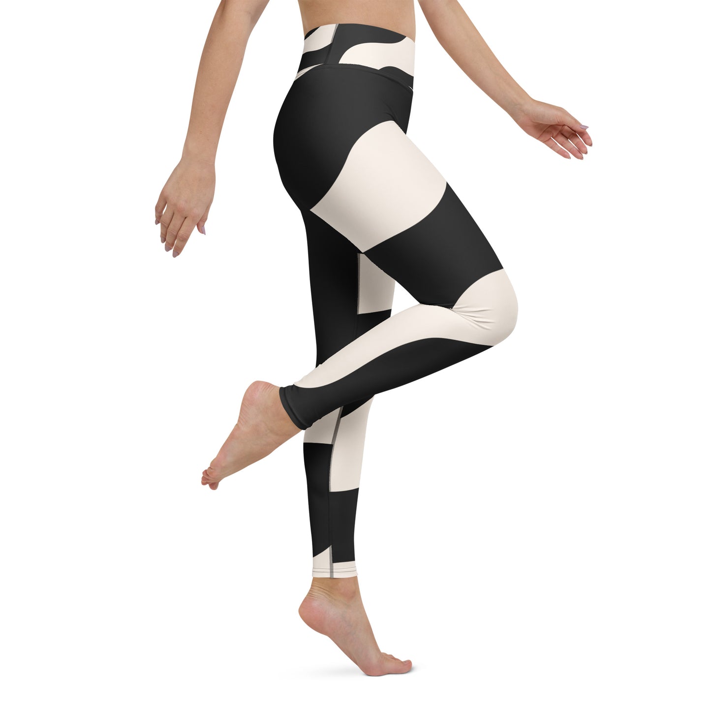 Legging de yoga pour femme – Beige & Noir – Stretch, taille haute, séchage rapide – Graphique Minimaliste