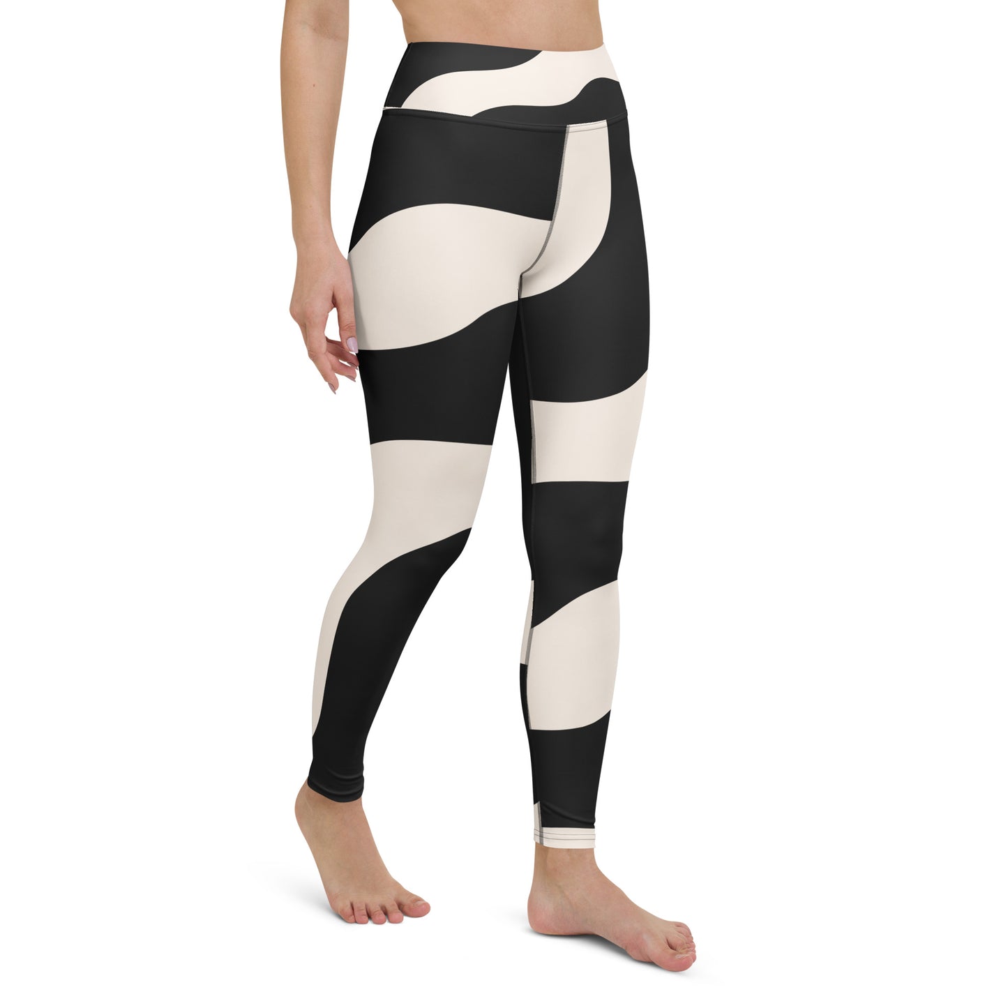 Legging de yoga pour femme – Beige & Noir – Stretch, taille haute, séchage rapide – Graphique Minimaliste