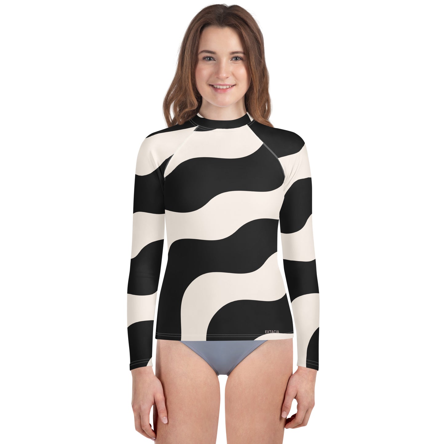 Rash guard pour fille ado – Beige & Noir – Compression légère, respirant & séchage rapide – Graphique