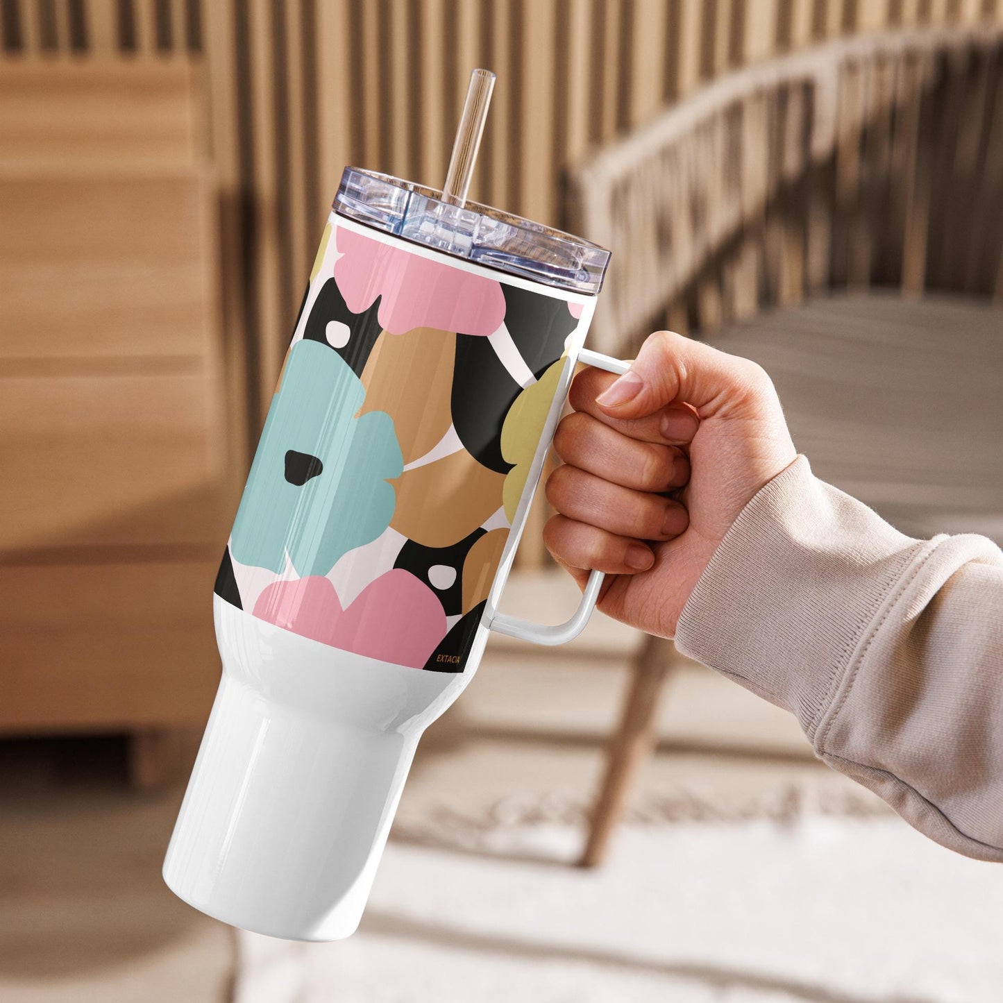 Mug Isotherme Inox - Mug de Voyage Isotherme en Acier Inoxydable avec Anse – Design Florale - THERMOS, gobelet - Durable, Léger, Étanche