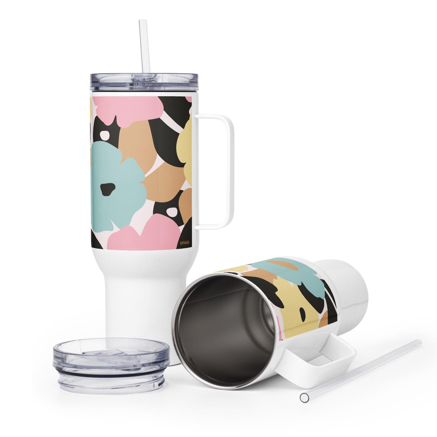 Mug Isotherme Inox - Mug de Voyage Isotherme en Acier Inoxydable avec Anse – Design Florale - THERMOS, gobelet - Durable, Léger, Étanche