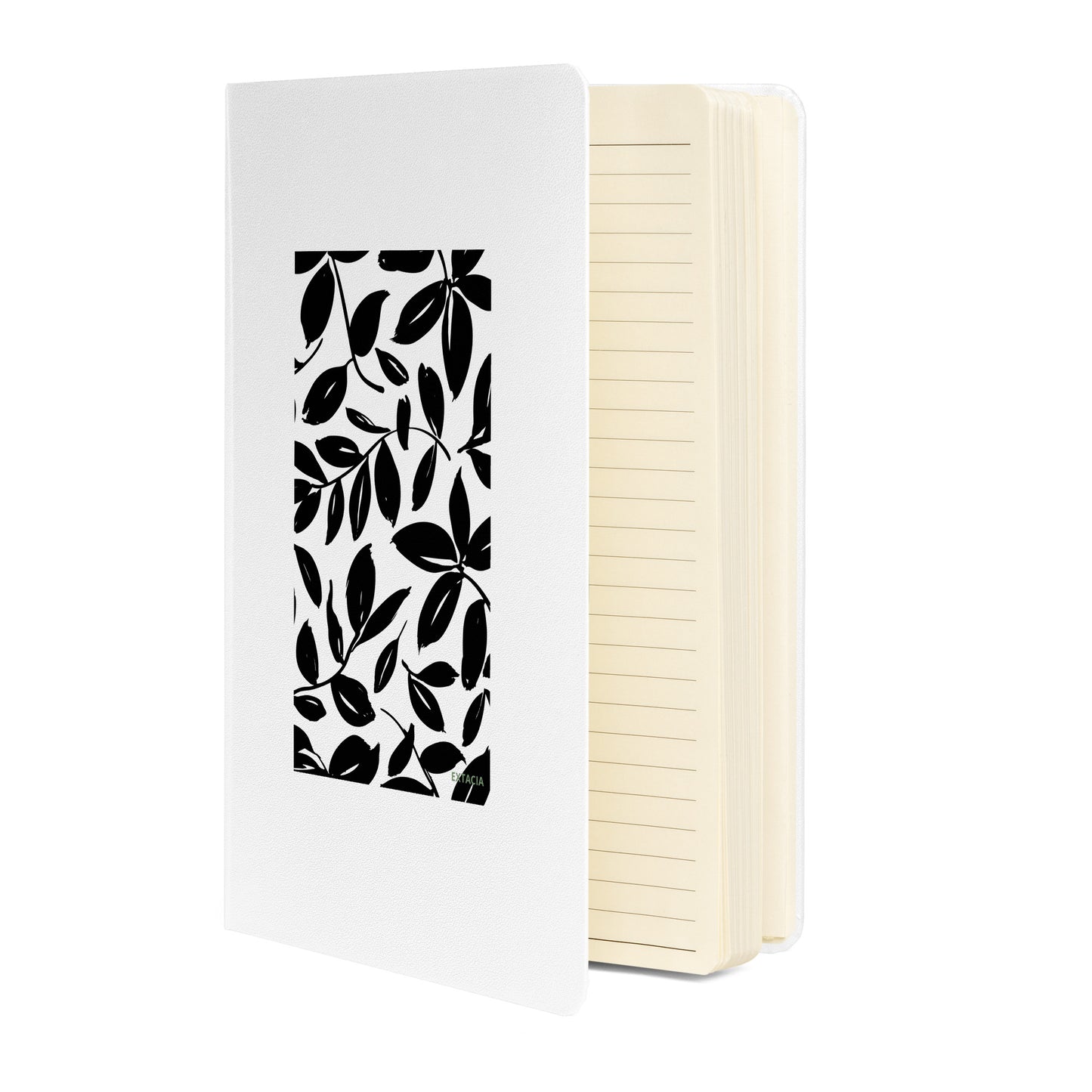 Carnet  – vue de 3/4, tranche et reliure durable - blanc - A5 – jardin blanc et noir